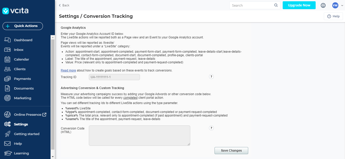 vcita conversion tracking settings