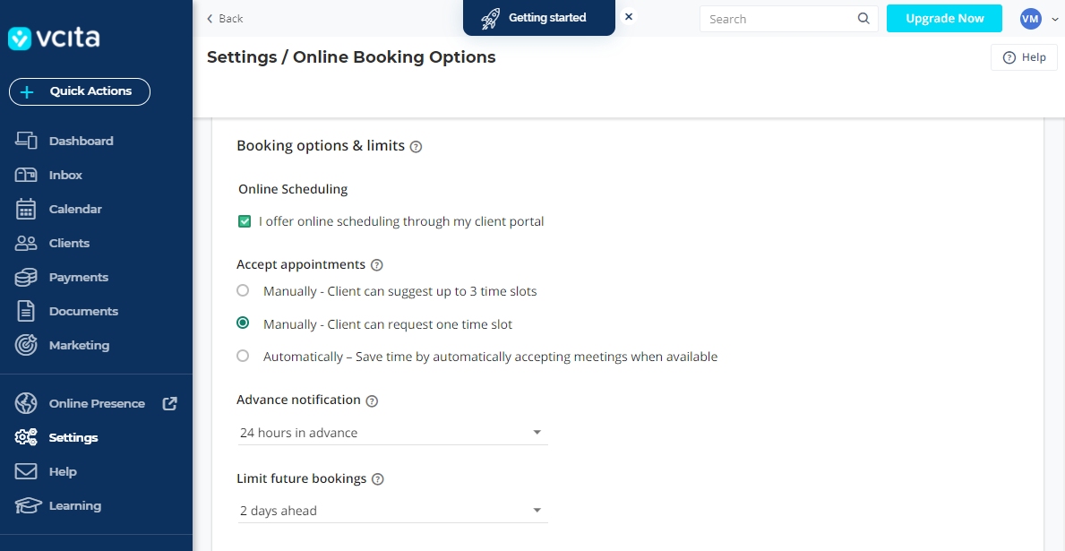 vcita booking options settings