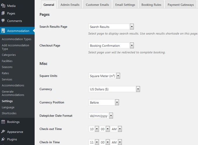 Booking Plugin Settings