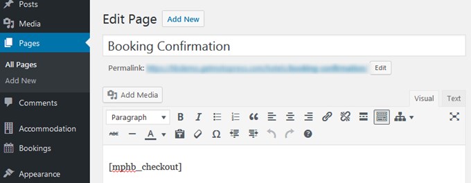 Shortcodes - Booking confirmation page