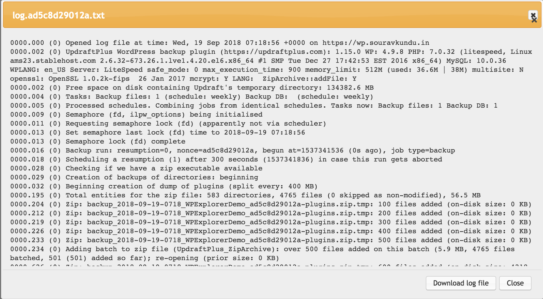 UpdraftPlus Demo 5 - 3 VIew or Download Log for Debugging