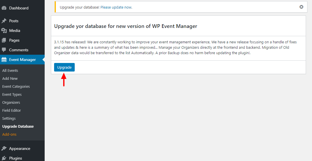upgrade wp event manager database