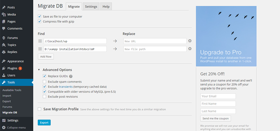 WP Migrate DB 2 Migrate dashboard