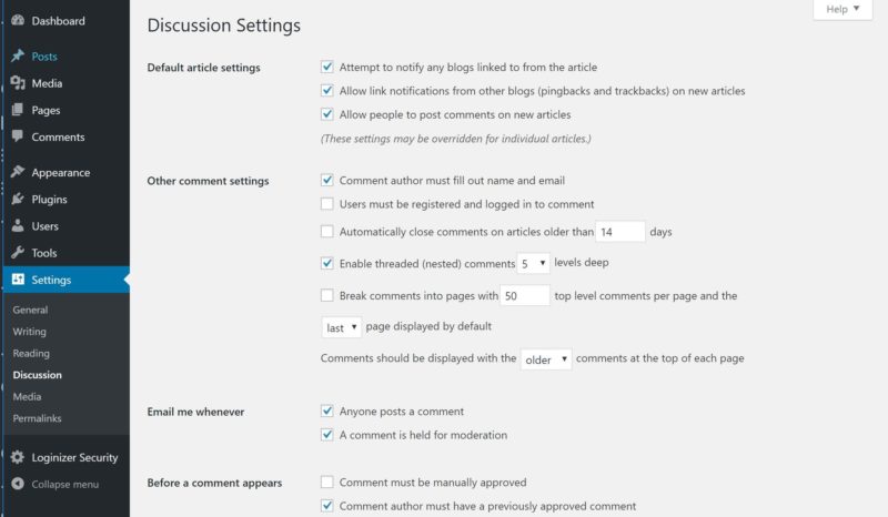 WordPress Discussions Settings Screen