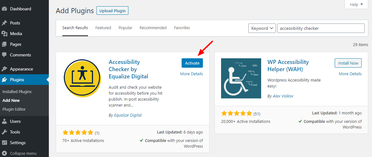activating accessibility checkers plugin