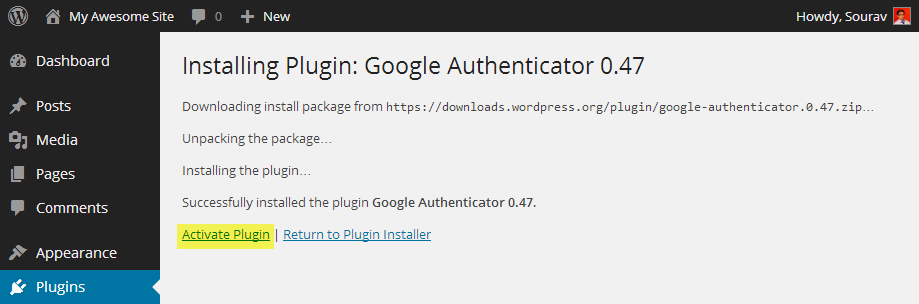 Activate Google Authenticator Free WordPress Plugin