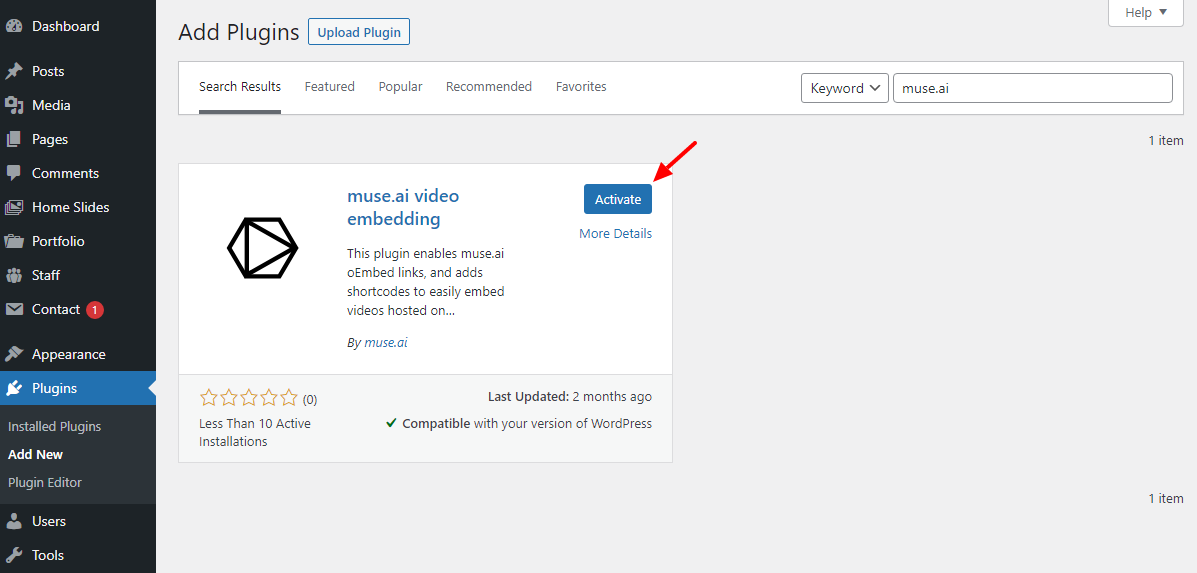 activate muse ai wordpress plugin