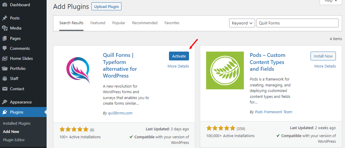 activate the quill forms wordpress plugin