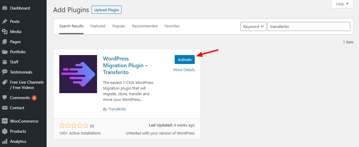 activating the transferito wordpress migration plugin