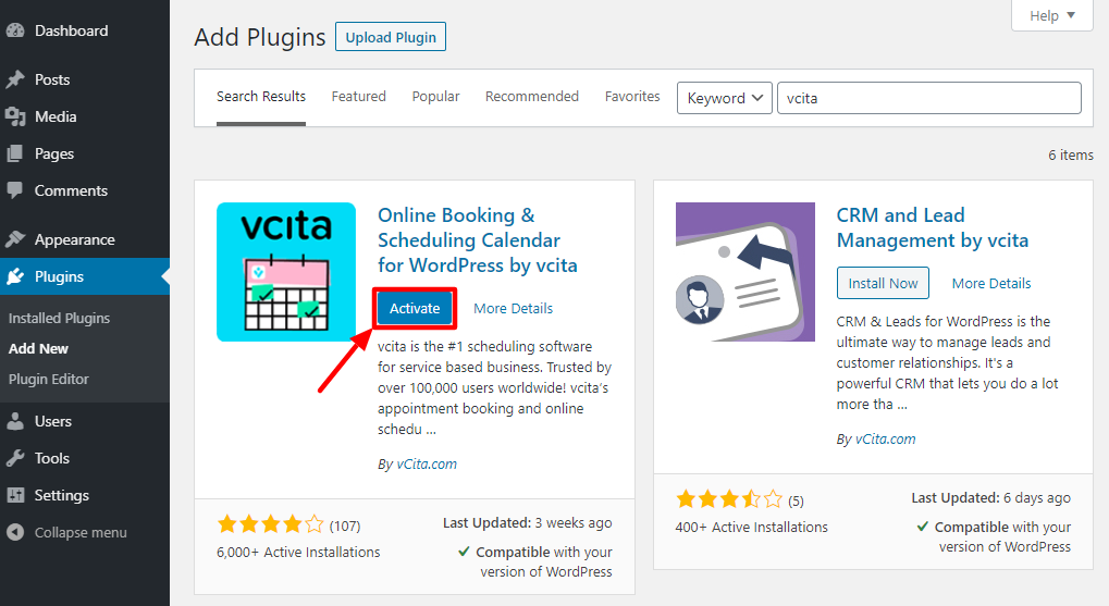 activating vcita wordpress plugin