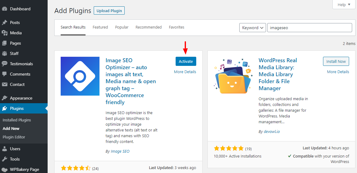 activating image seo optimizer plugin