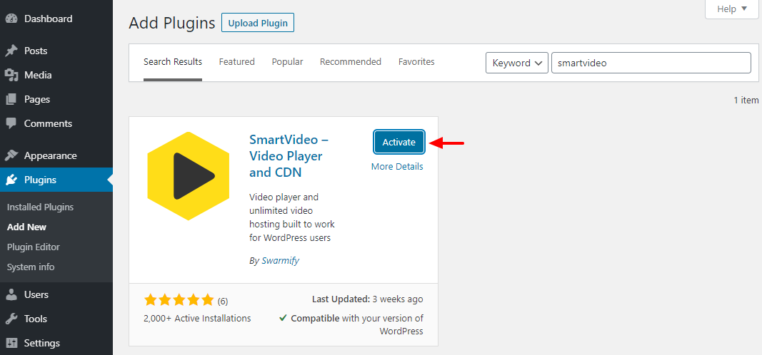 activating smartvideo wordpress plugin