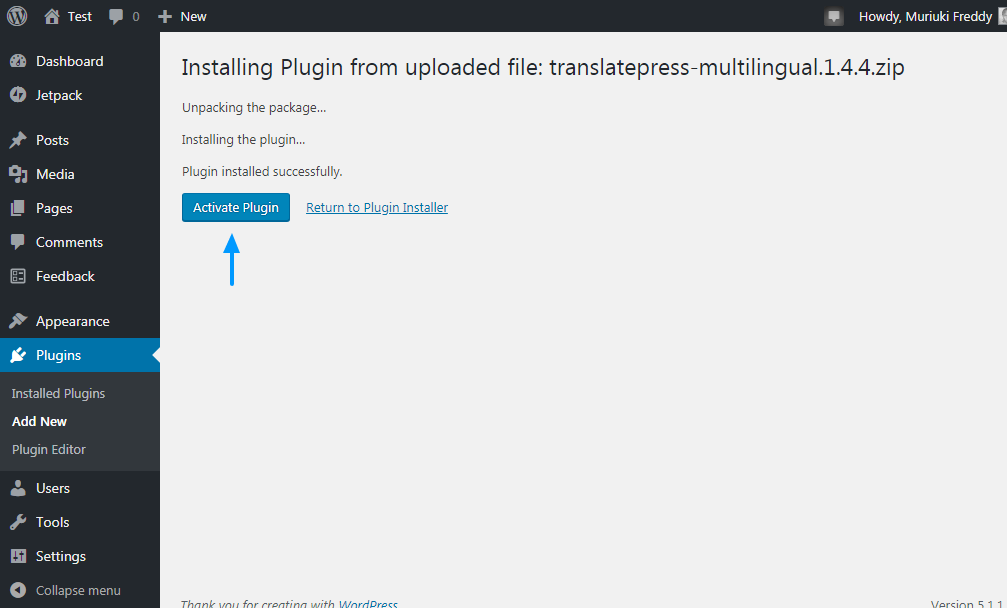 activating the translatepress wordpress plugin