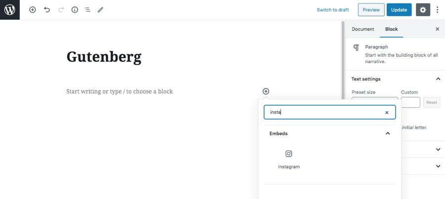 Gutenberg Instagram Block