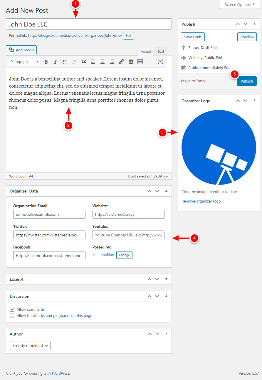 WP Event Manager add new organizer