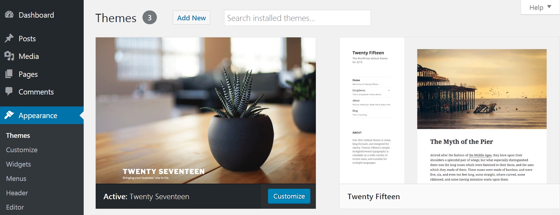 The Themes section of the WordPress back end.