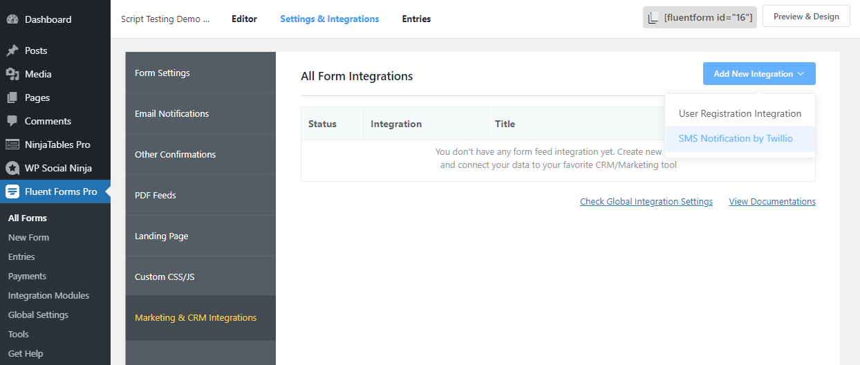 Fluent Forms add Twilio SMS Integration