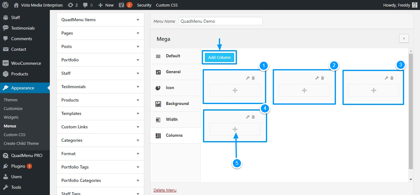 adding columns in quadmenu