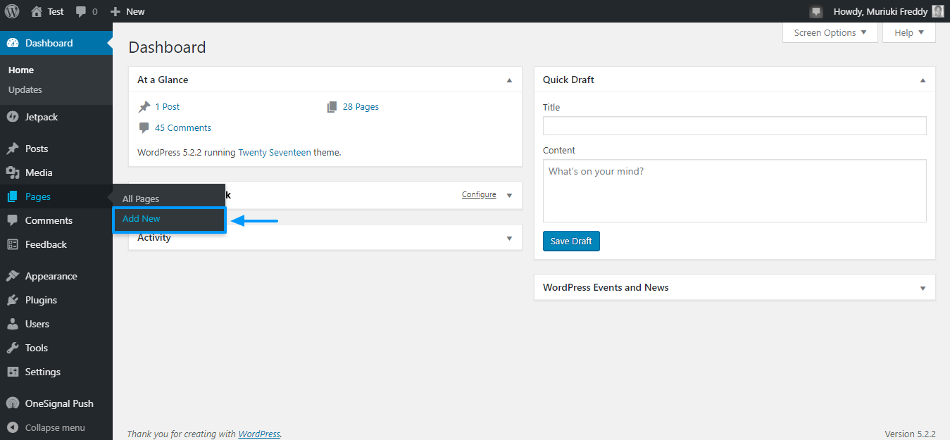 adding a new page in wordpress admin