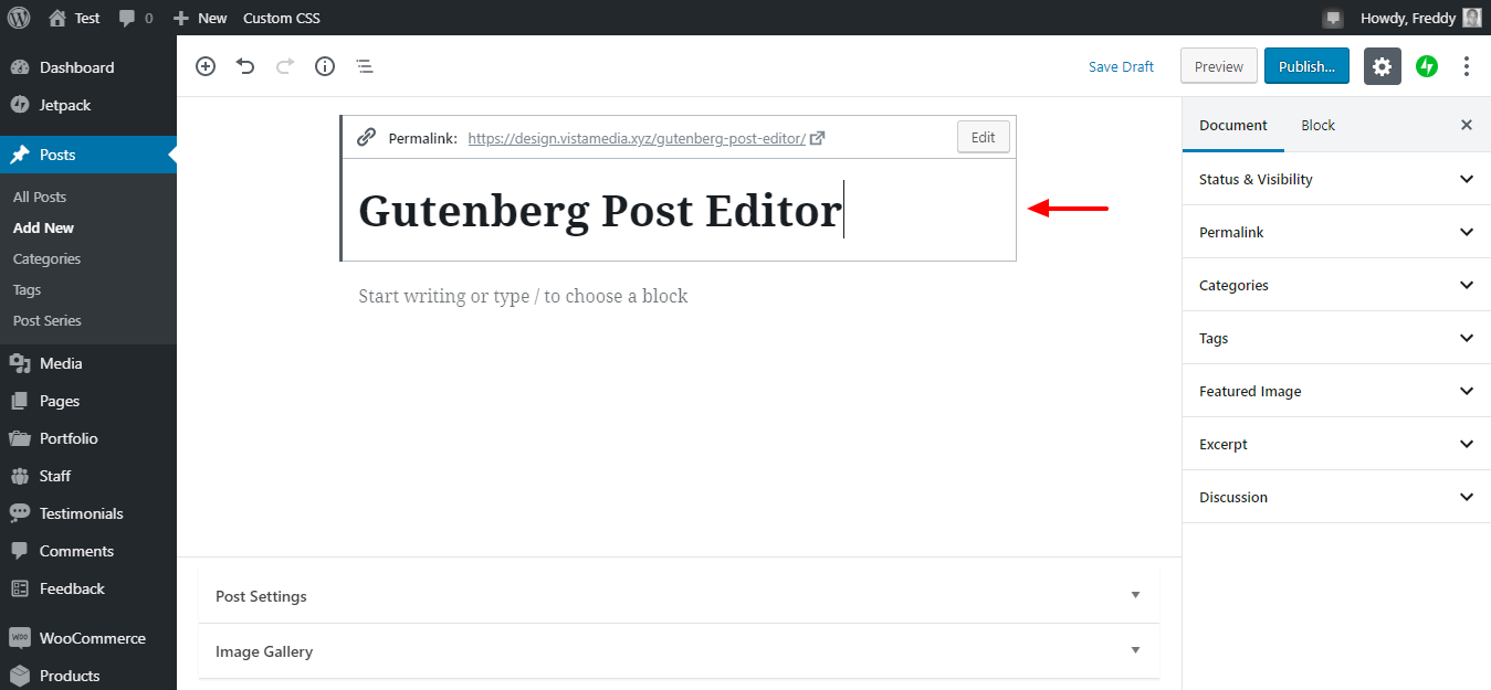 adding a new title in gutenberg