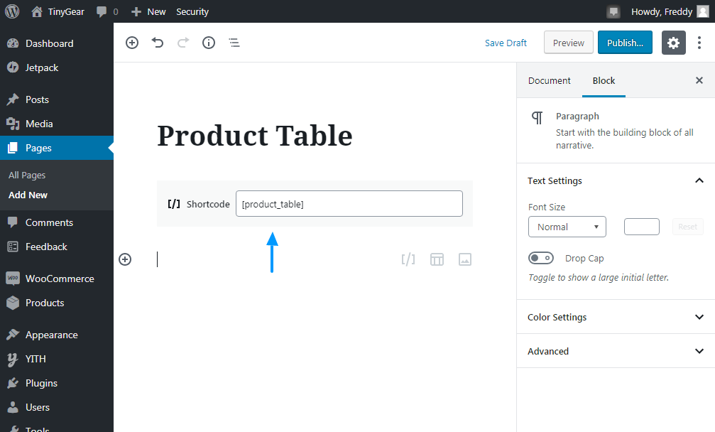 adding new product table using the woocommerce product table shortcode