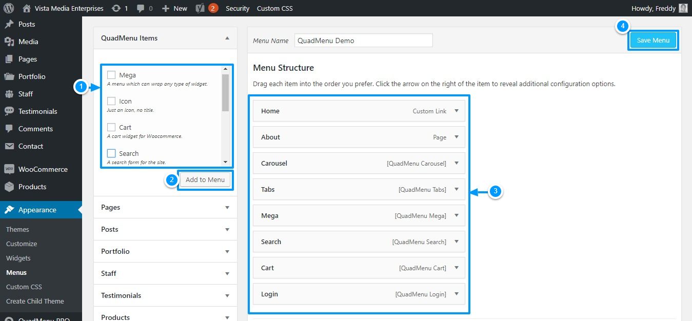 adding quadmenu items to your wordpress menu