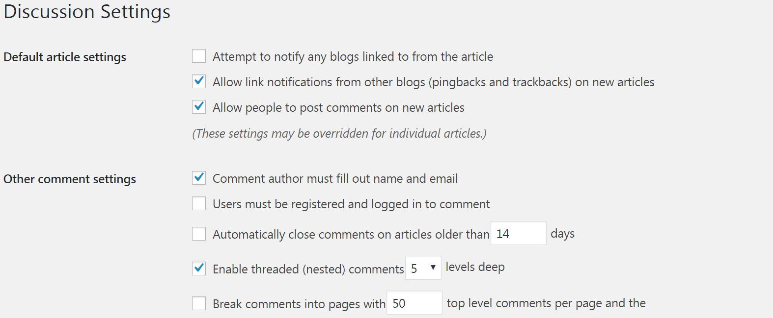 The Discussion Settings section of the back end.
