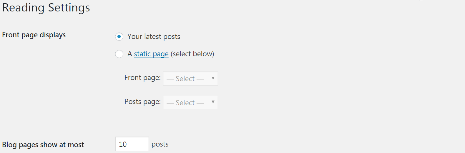The Reading Settings section of the back end.