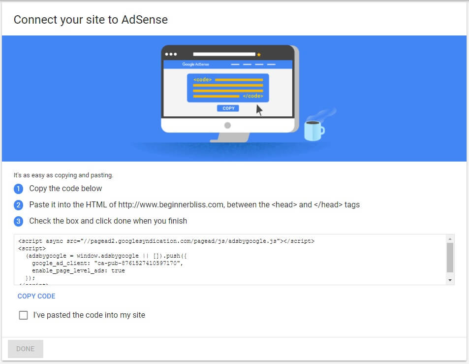 Instructions for connecting AdSense to website