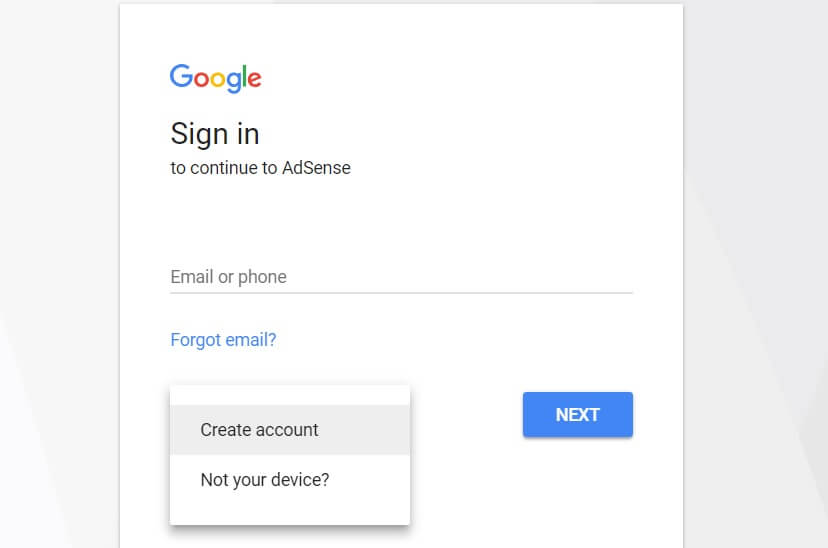 The Google AdSense sign in page