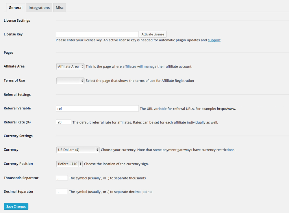 Affiliate WP General Settings