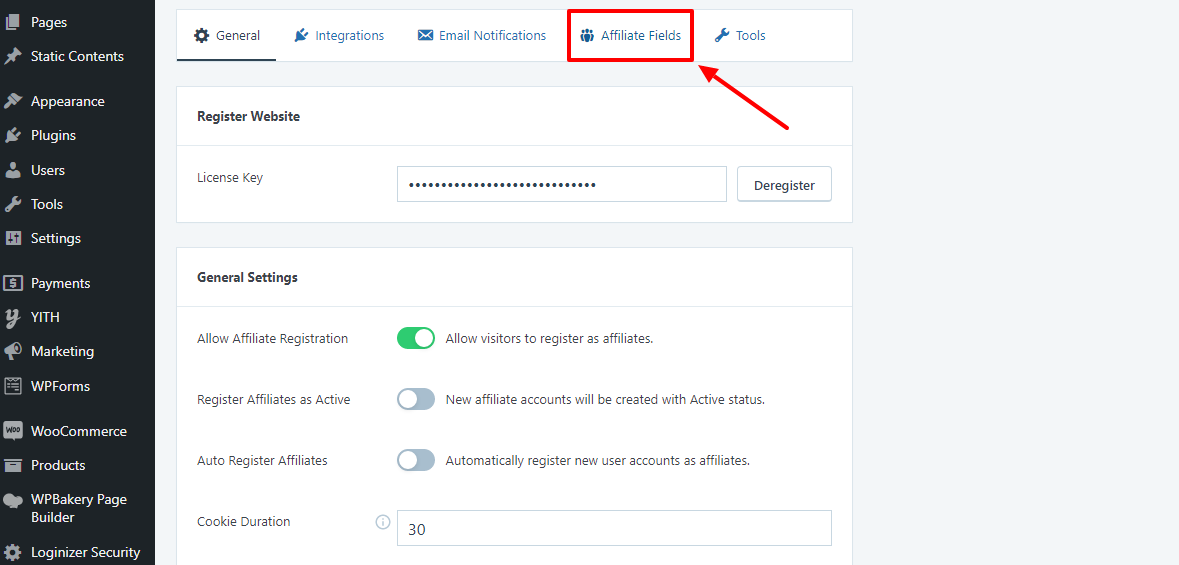 SliceWP Affiliates Fields