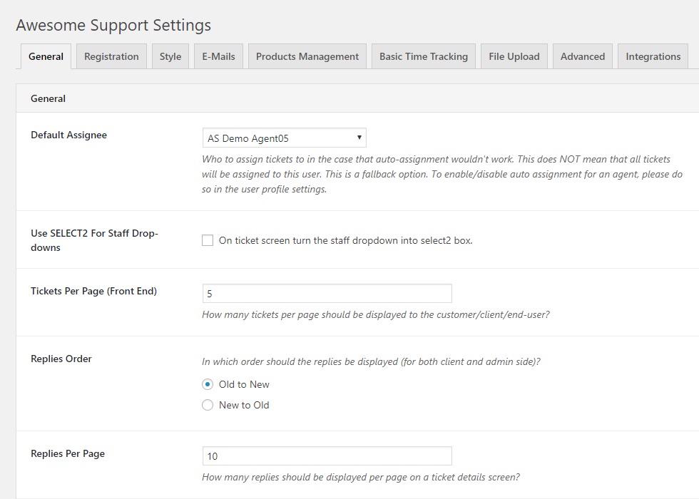 Awesome Support Free WordPress Plugin Settings