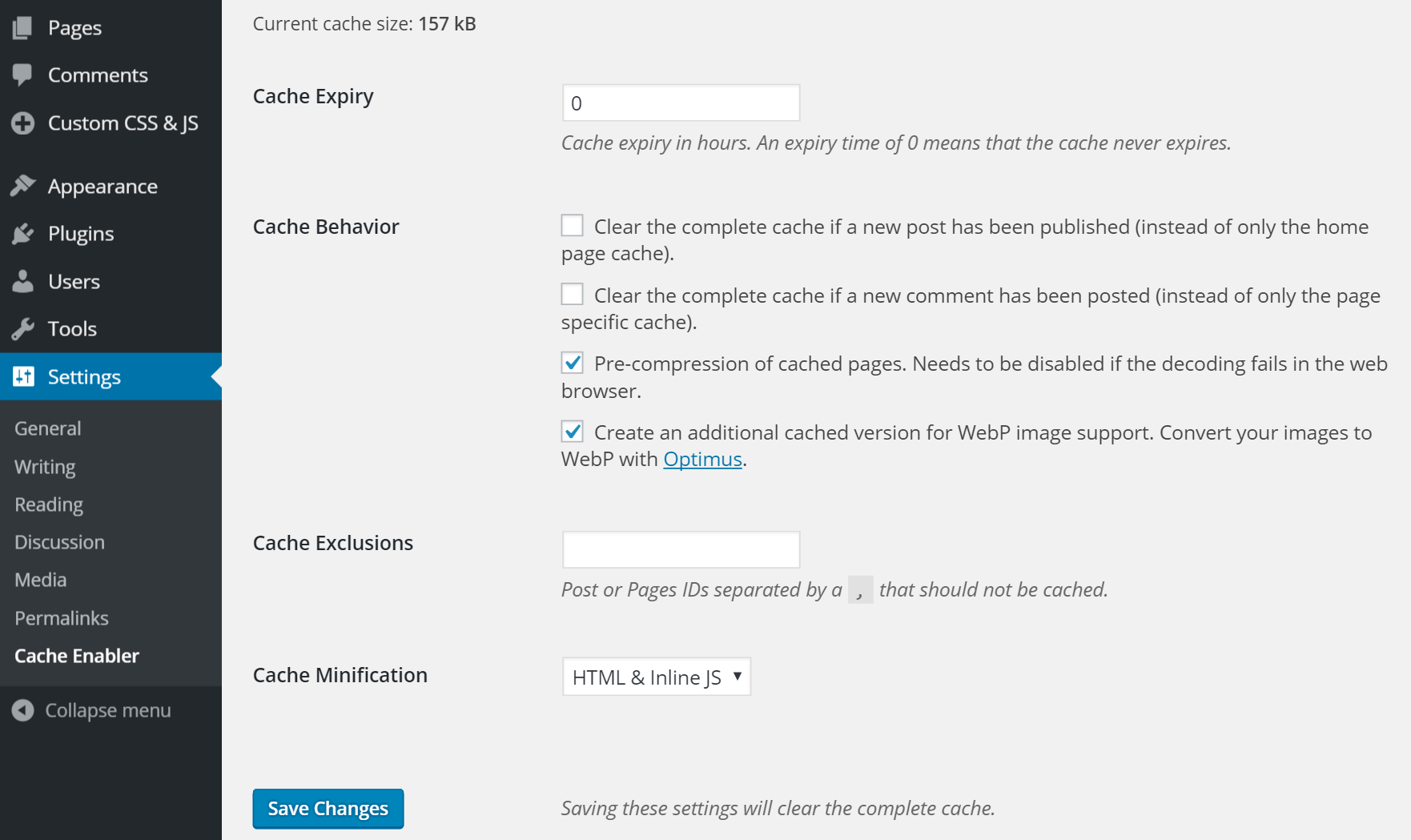 cache enabler settings