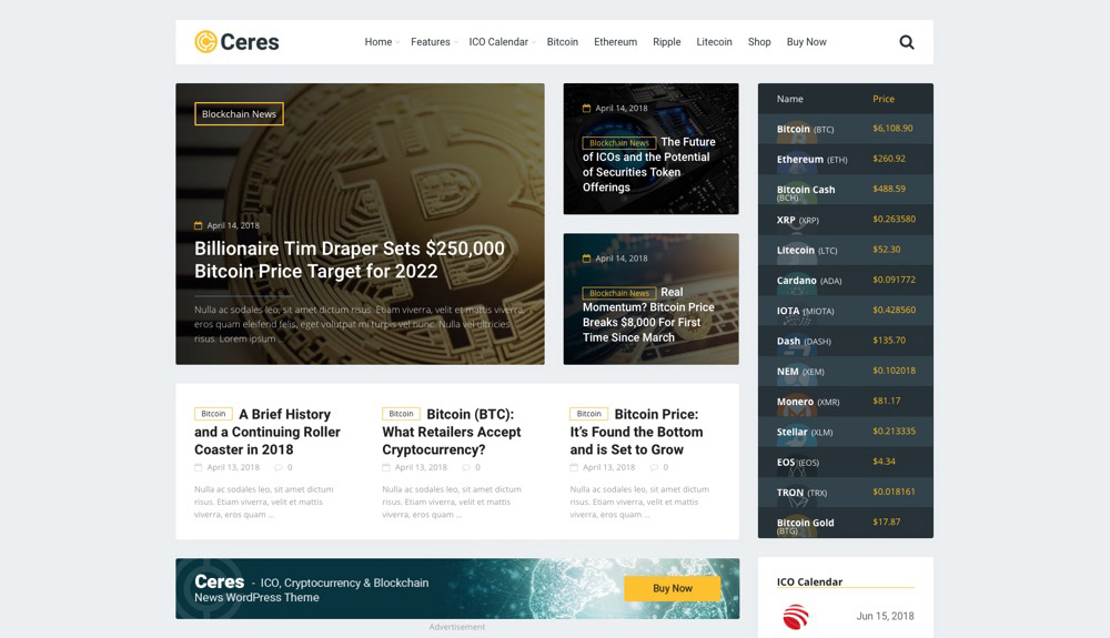 Ceres Cryptocurrency & Blockchain News Blog WordPress Theme