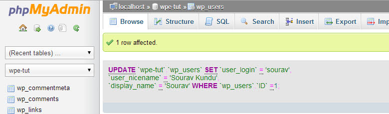 change wordpress admin username 07 sql update success