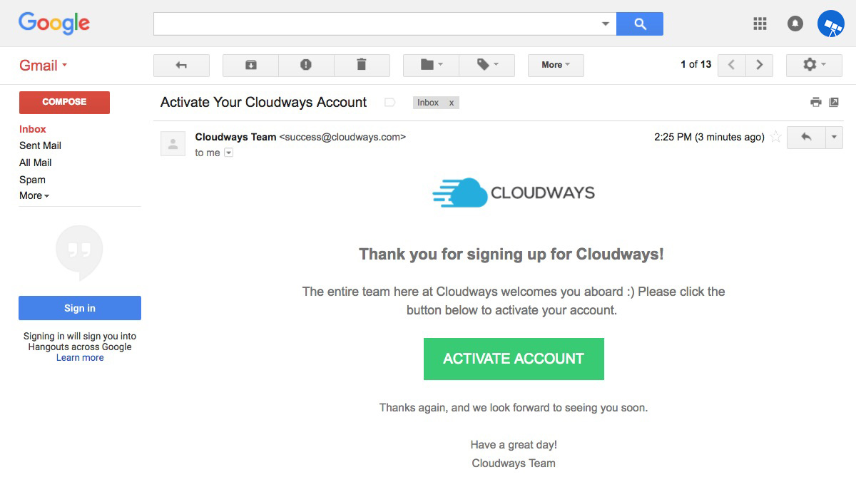 Cloudways Account Verification Email