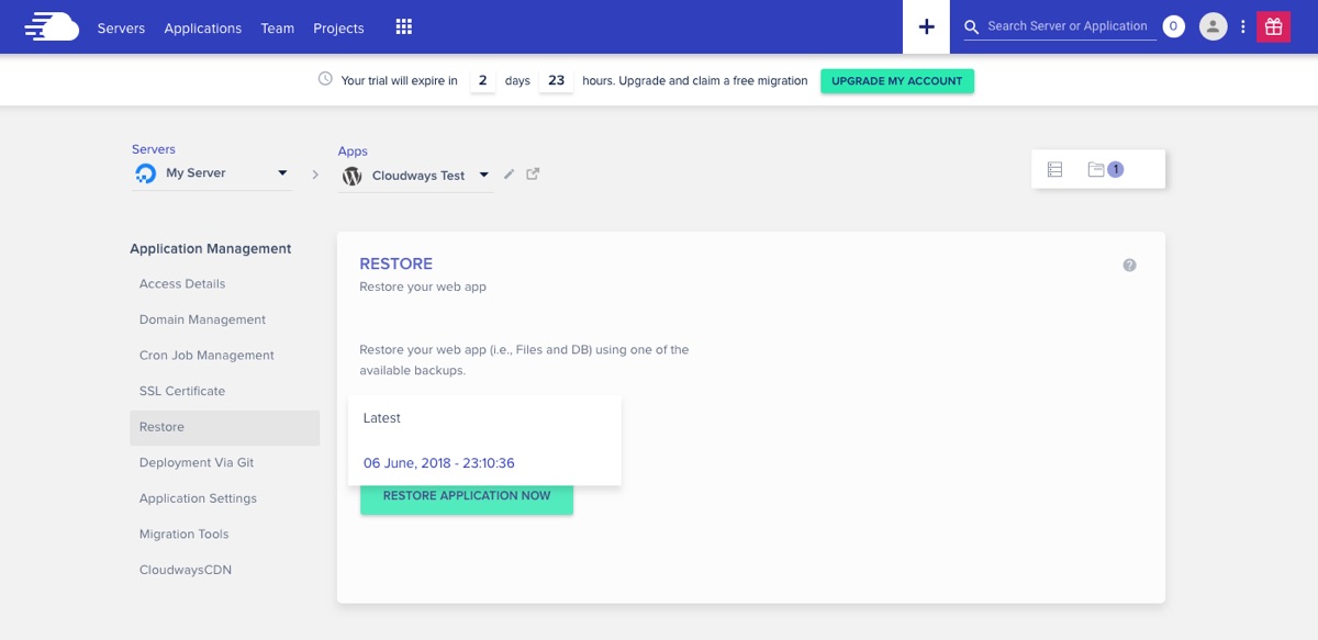 Cloudways Application Restore