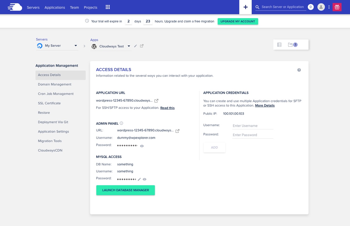 Cloudways Application Details