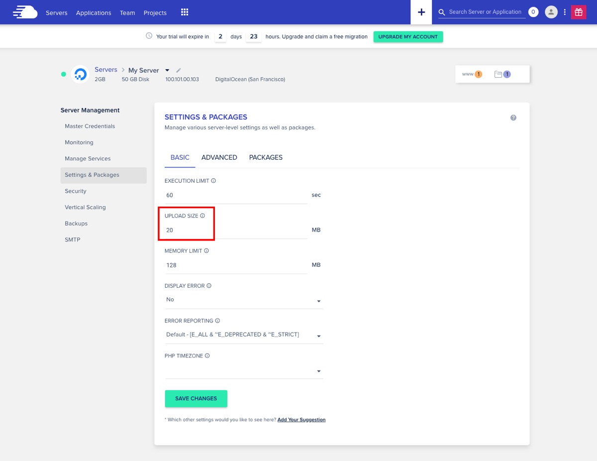 Increase Cloudways Server File Upload Size