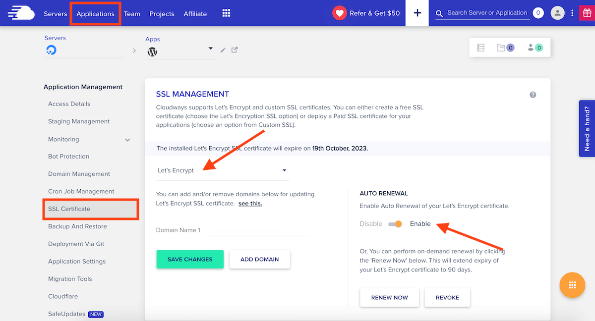 Cloudways Let's Encrypt Built-in Certificates