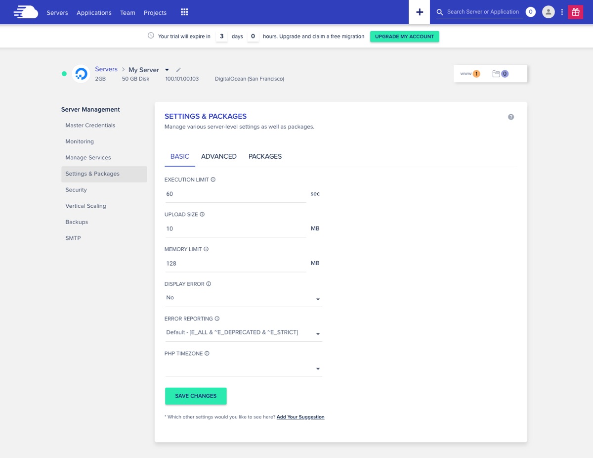 Cloudways Server Settings & Packages