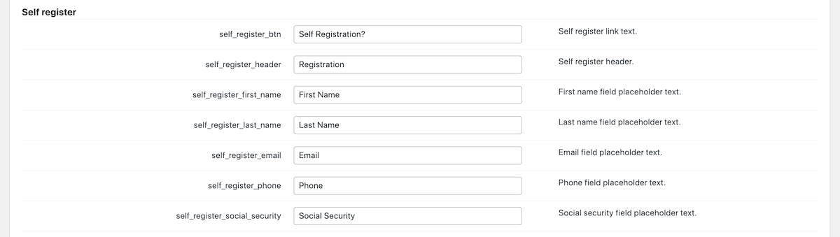 CM Registration Pro: Settings Labels Self Reg