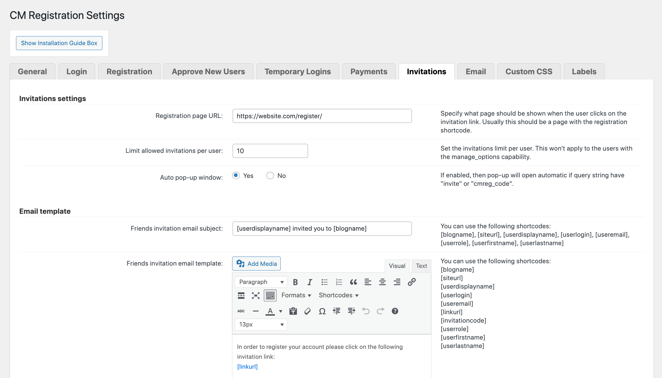 CM Registration Pro: Settings Invitations