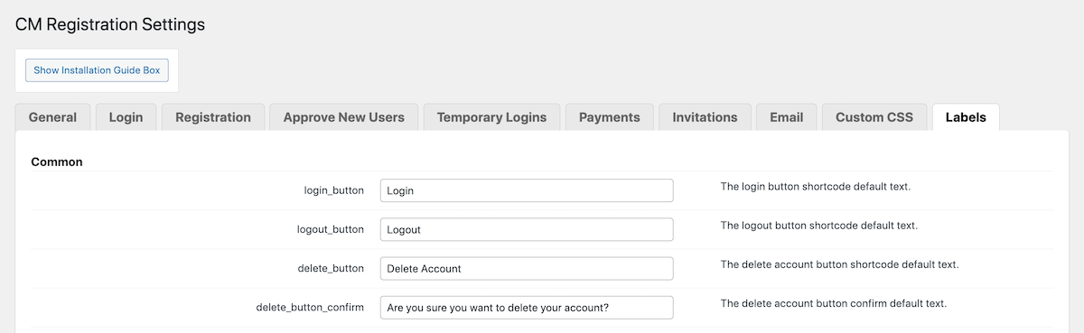 CM Registration Pro: Settings Labels