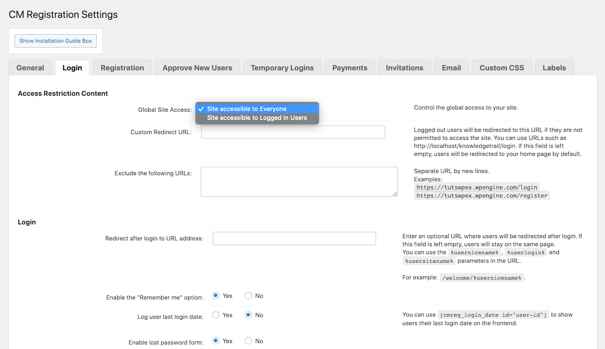 CM Registration Pro: Settings Login