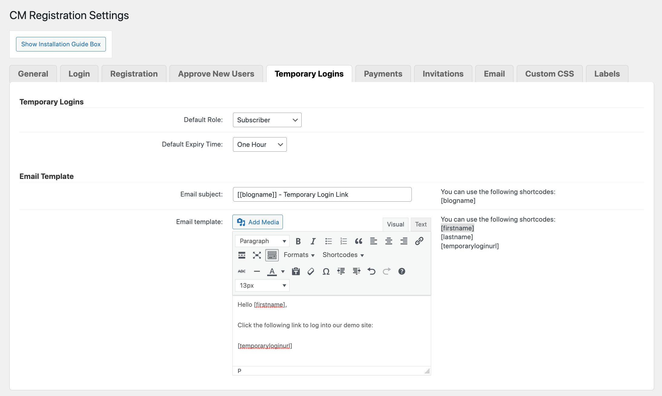 CM Registration Pro: Settings Temporary Login