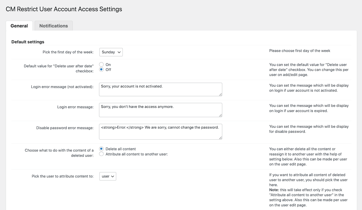 CM Restrict User Account Access: Settings General