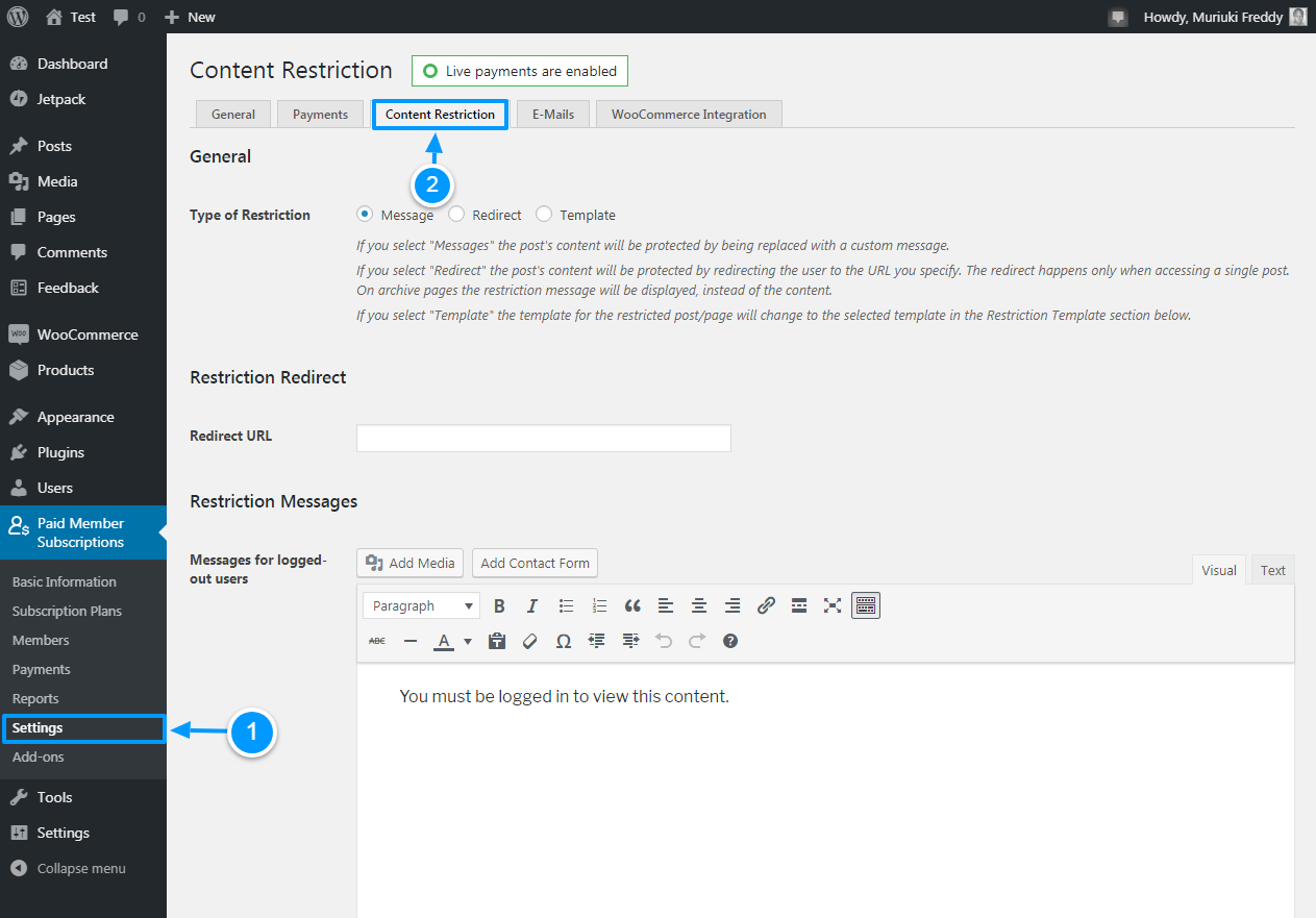 content restriction settings for paid member subscriptions