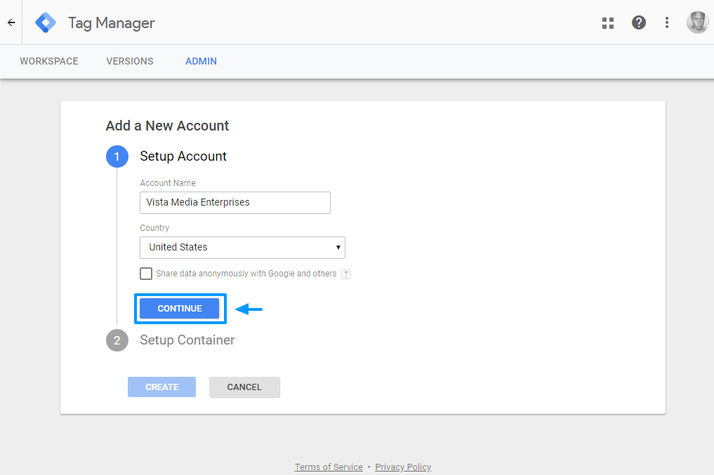creating new google tag manager account